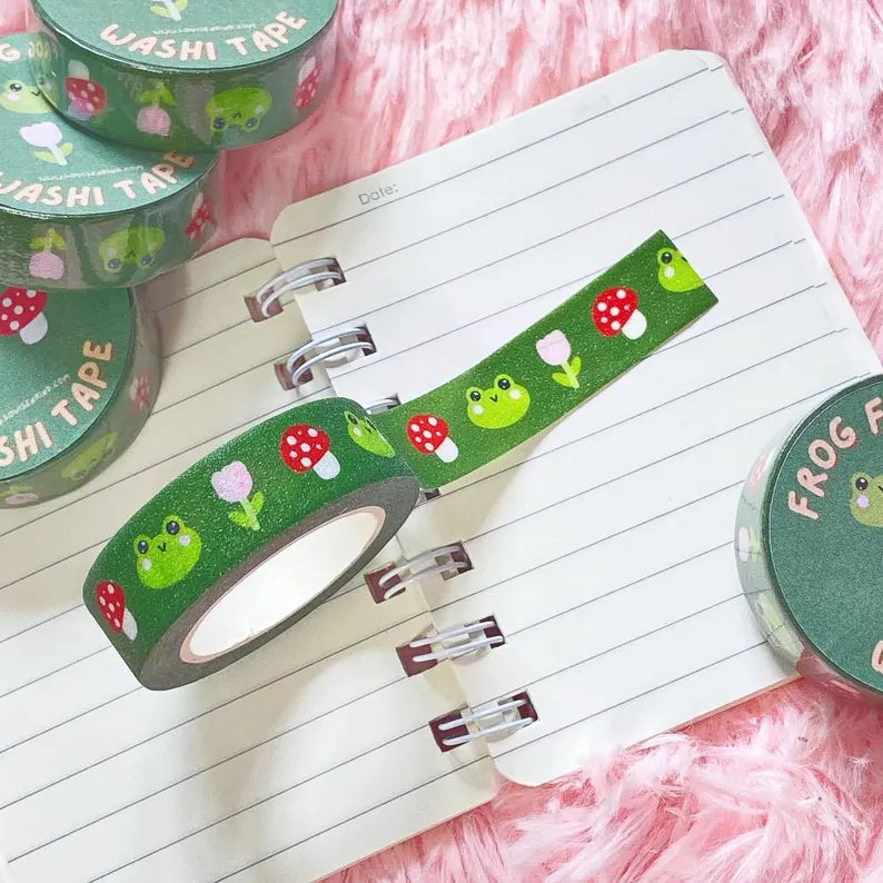 Frog Mushroom Glitter Washi Tape | Cute Kawaii Washi Tape | Adhesive Glitter Tape | Scrapbook Tape