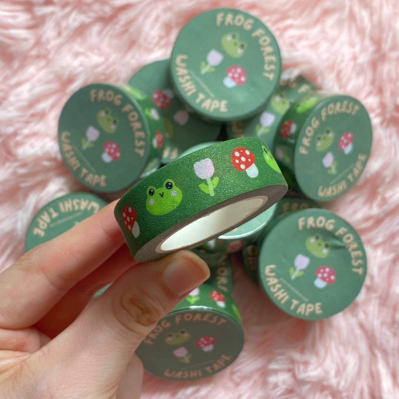 Frog Mushroom Glitter Washi Tape | Cute Kawaii Washi Tape | Adhesive Glitter Tape | Scrapbook Tape