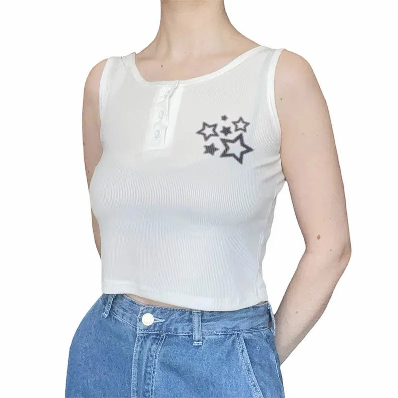 Y2K Star Button Up Tank Top
