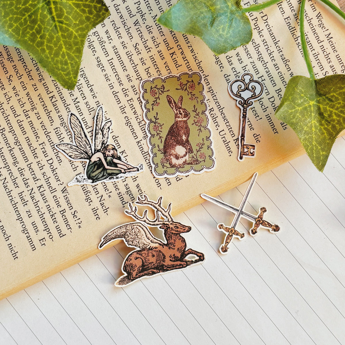Fairy Themed Sticker Set - 5 Vintage Fantasy Stickers | Fairy, Winged Deer, Bunny Rabbit, Skeleton Key & Crossed Swords | Fairytale Ephemera Pack
