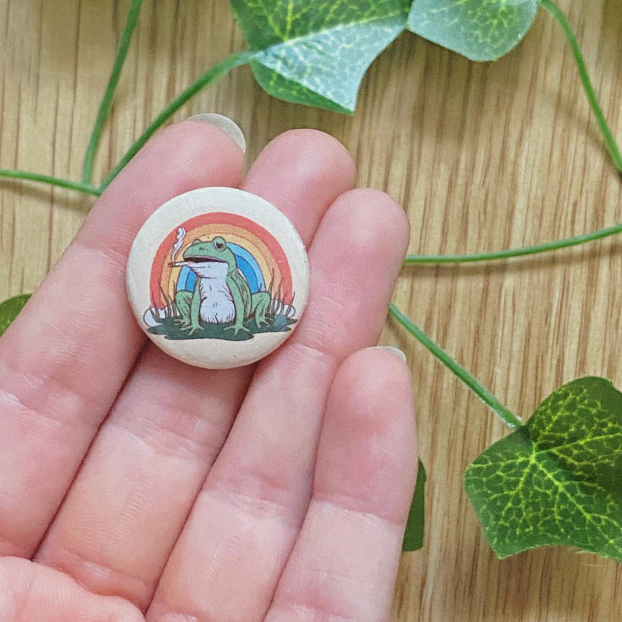 Vintage Smoking Froggy Rainbow Button Pin | 25 mm 1” Pinback Buttons | Retro Jewelry