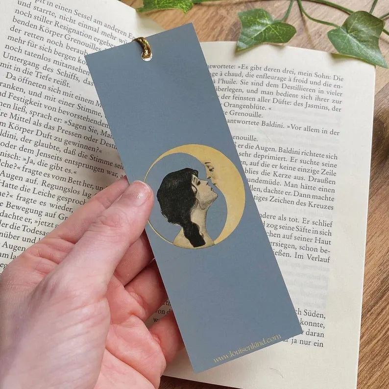 Vintage Moon Bookmark with Tassel, 1920s Illustration, Celestial Aesthetic, Dark Academia Bookmark, Book Lover Gift, Gothic Art Bookmark