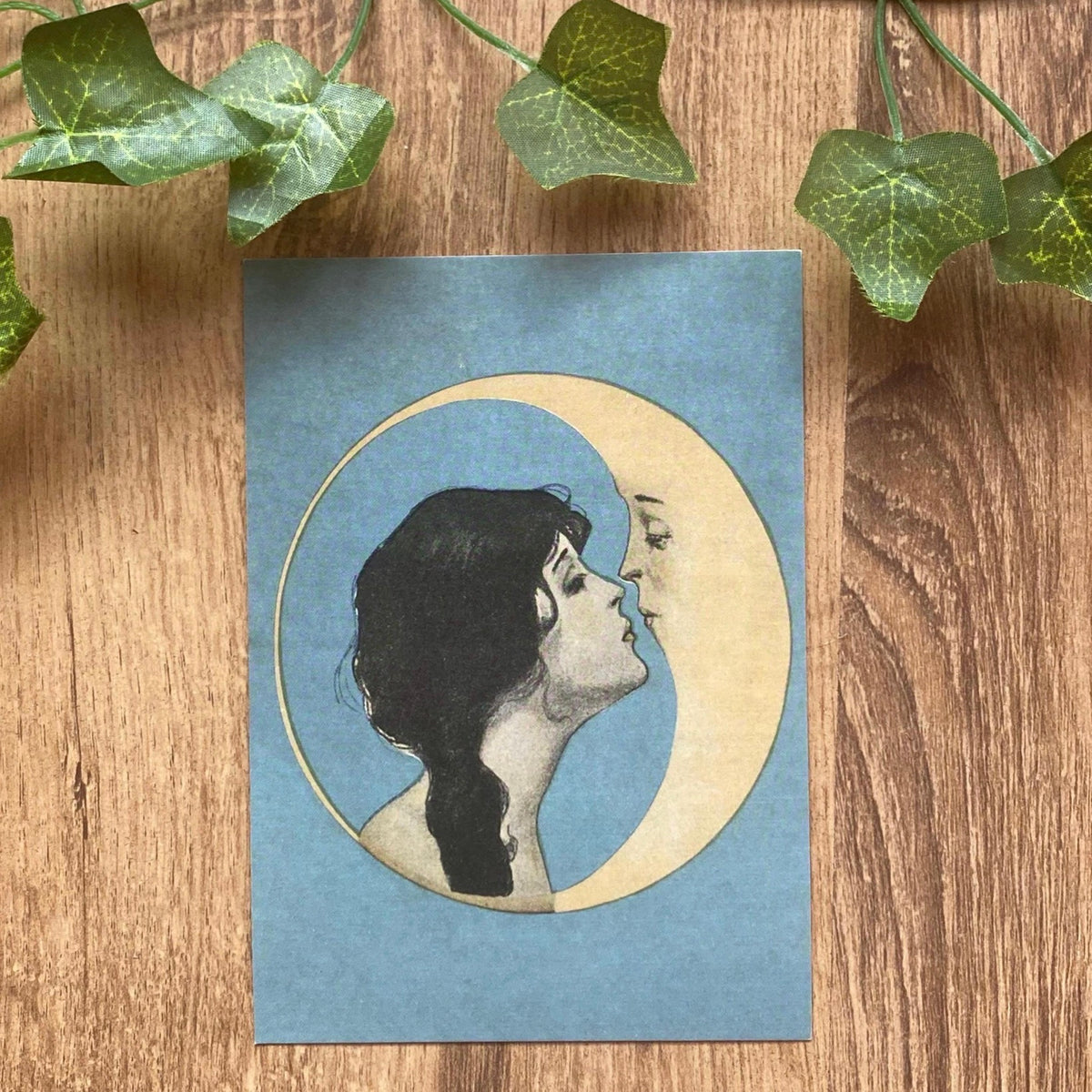 Vintage Moon Greeting Card - Woman Kissing Moon Art Print | Art Nouveau Celestial Stationery | Romantic Ephemera Postcard