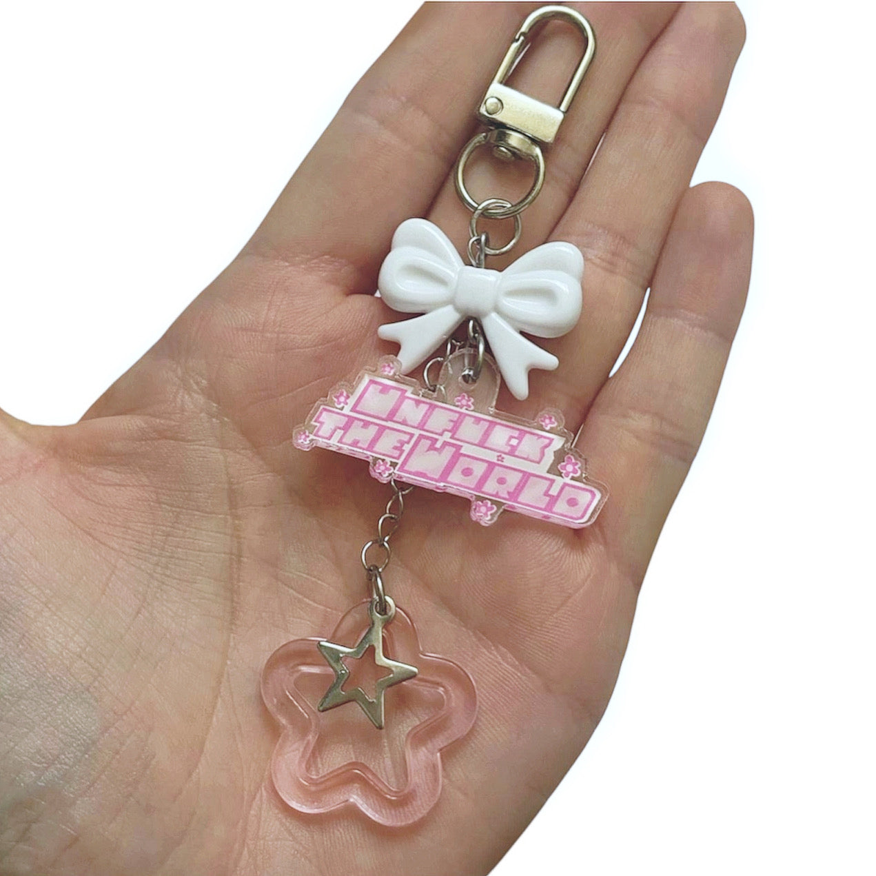 Pink Y2K Unfuck The World Keychain