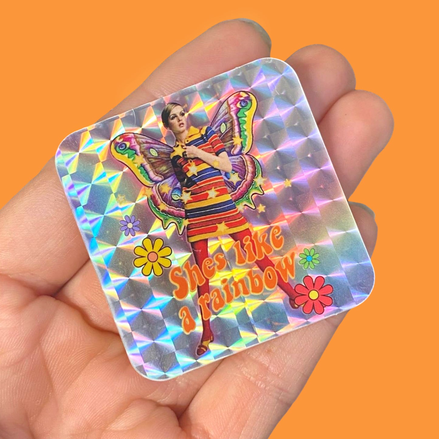 She’s Like A Rainbow Prismatic Sticker, Vintage Ephemera Twiggy, Groovy 1960s Art Decal