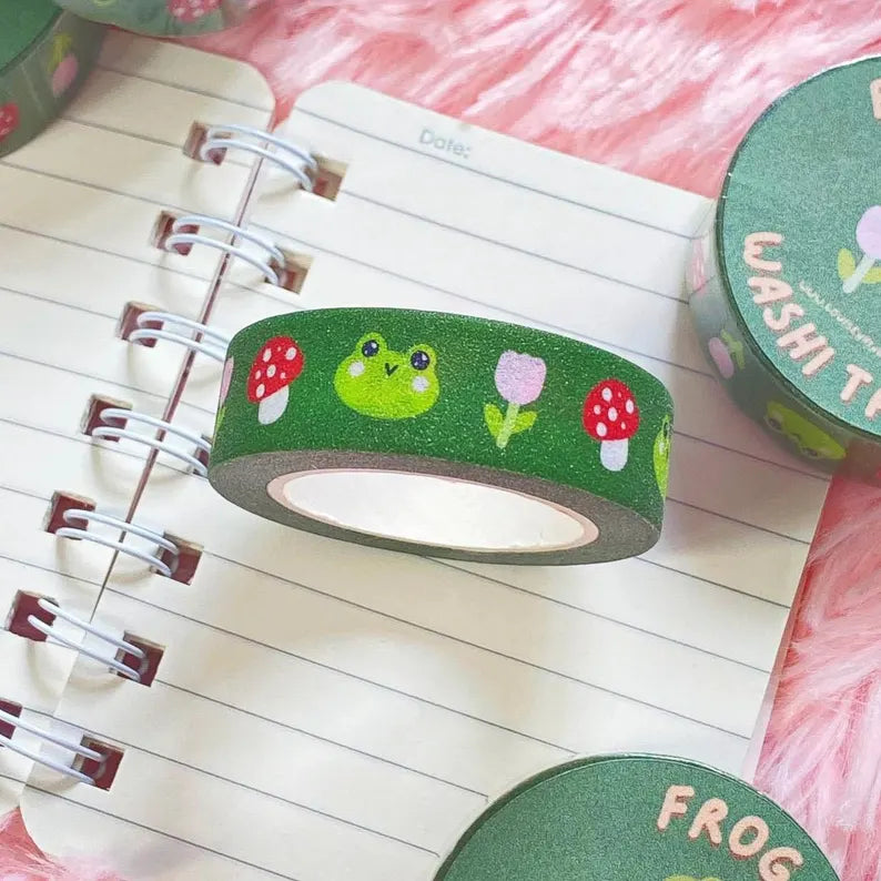 Frog Mushroom Glitter Washi Tape | Cute Kawaii Washi Tape | Adhesive Glitter Tape | Scrapbook Tape