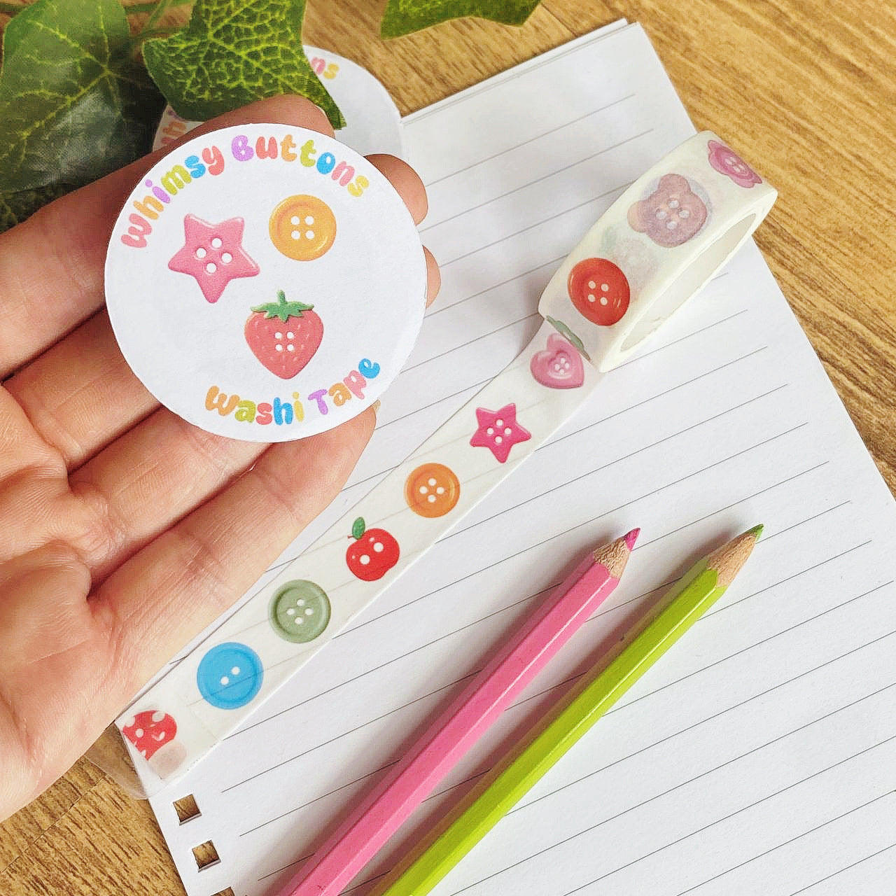 Colorful button-themed washi tape in a whimsical style