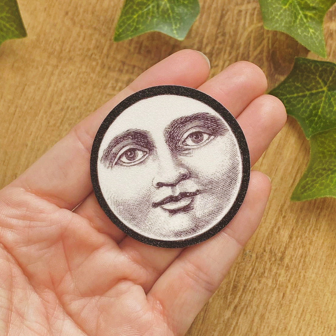 Vintage Smiling Full Moon Ephemera Sticker, Celestial Whimsigoth Decal, Sand Glitter Frosted Stickers