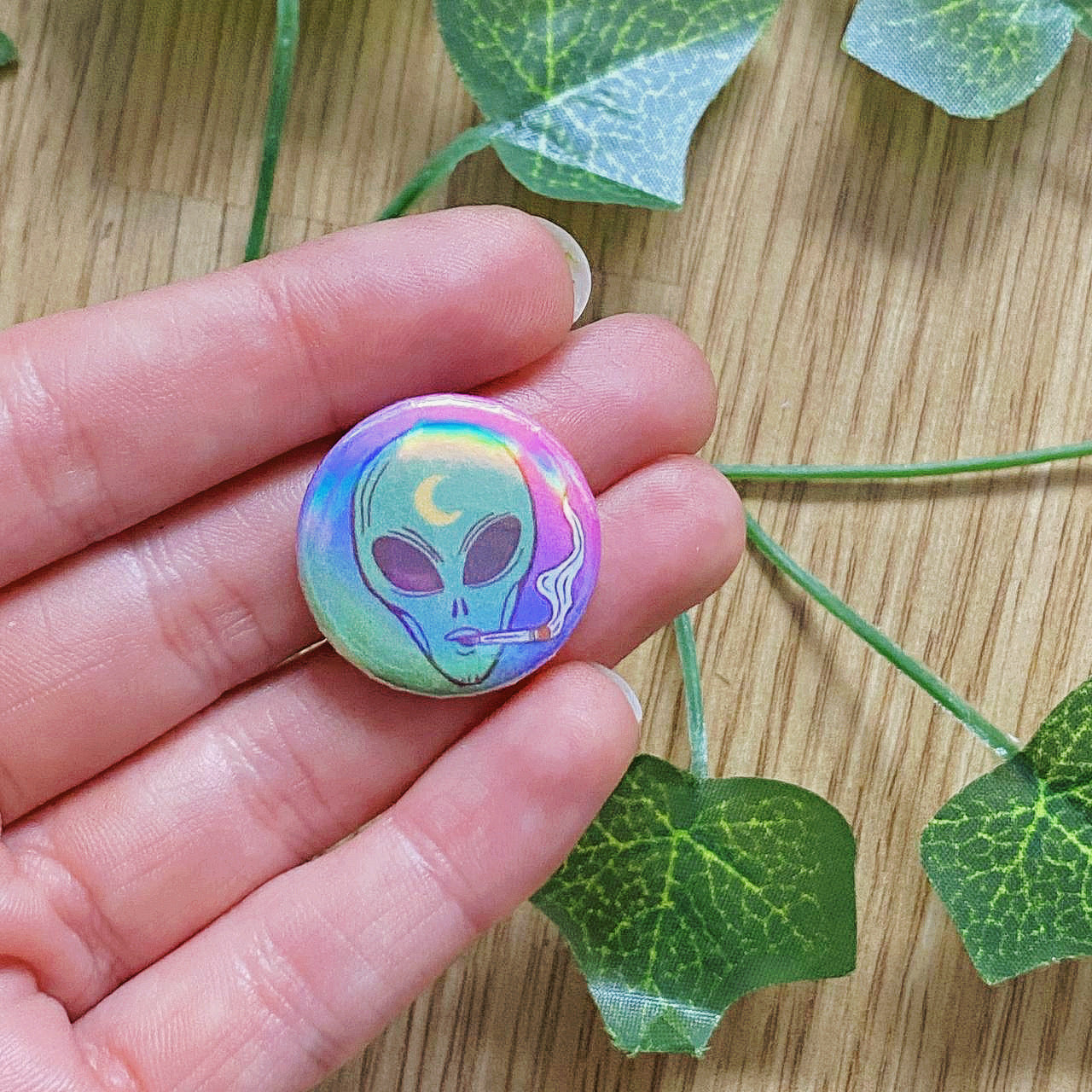 Vintage Holographic Alien Button Pin | Psychedelic Art | Trippy | 420 | 25 mm 1” Pinback Buttons | Whimsigoth Jewelry