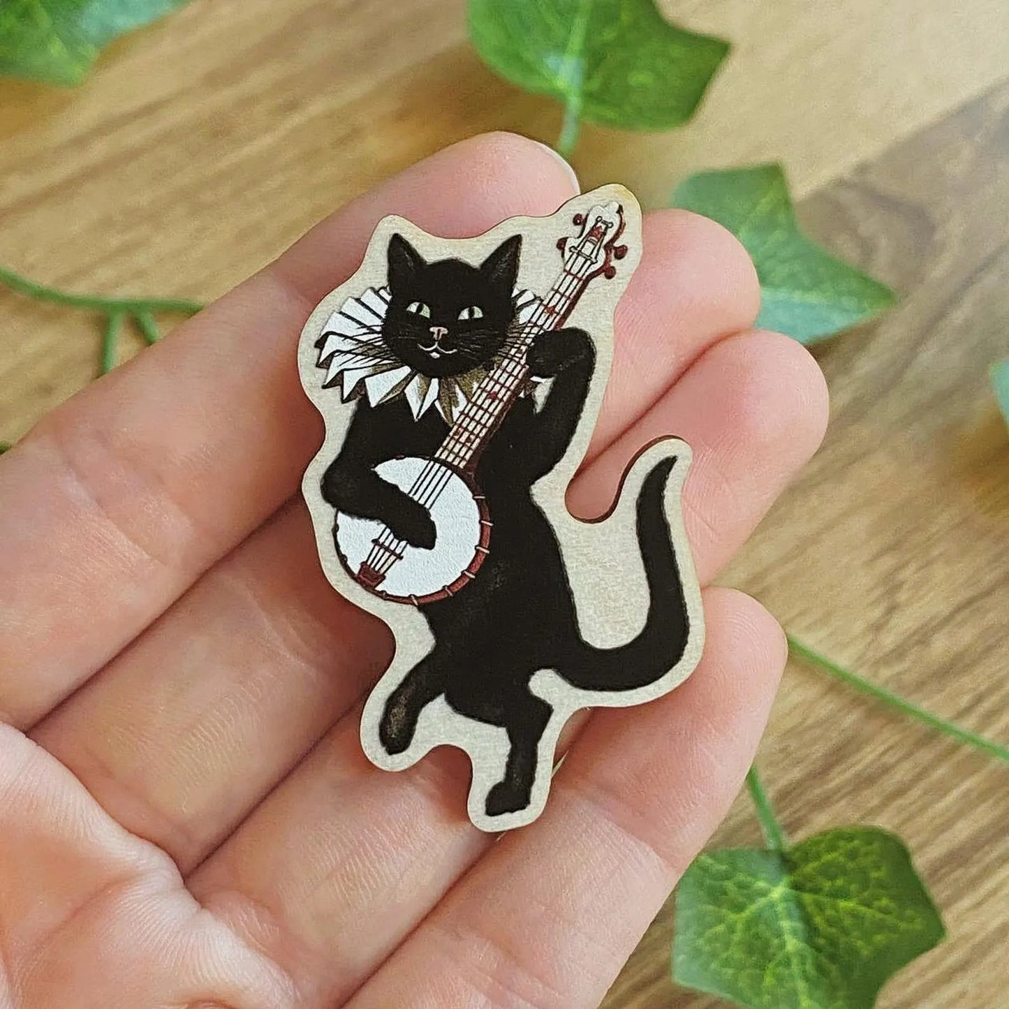 1895 The Black Cat Playing Banjo Vintage Wooden Pin, Antique Black Cat Lapel Pin, Funny Cat Lover Gift