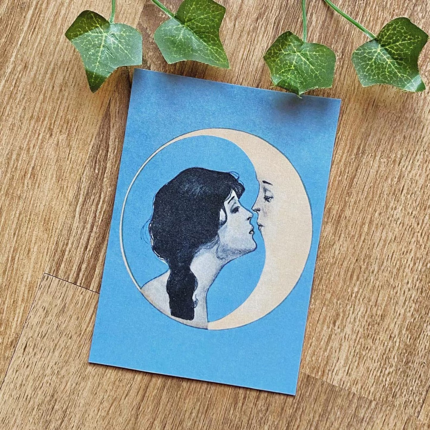 Aesthetic postcard with a vintage art nouveau moon illustration