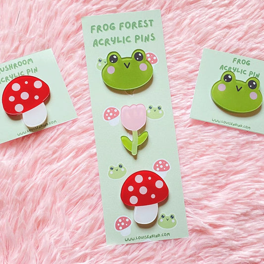 Frog Mushroom Tulip Acrylic Lapel Pins | Kawaii Acrylic Badges | Aesthetic Button Pins