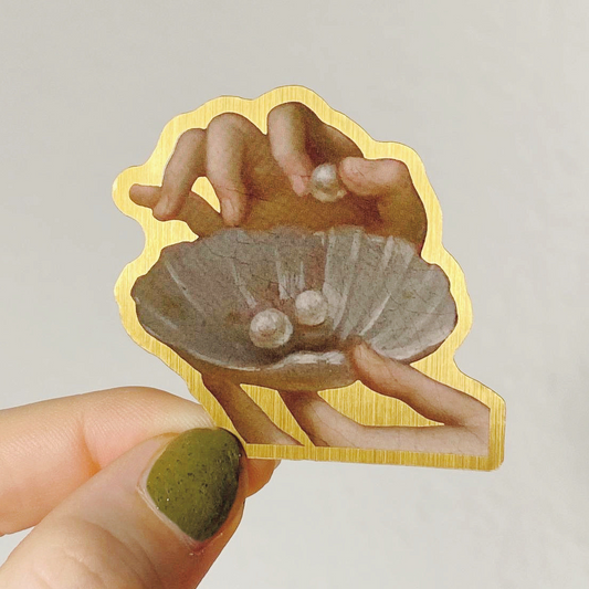 1691 Woman Holding A Dish Of Pearls Sticker, Antique Renaissance Art Decal, Gold Brushed Vinyl Sticker