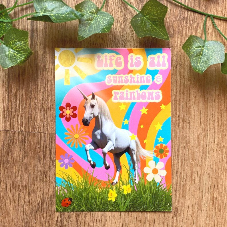 Life Is All Sunshine And Rainbows Postcard, Unicorn Art Print, Flower Power Hippie Collage Greeting Card
