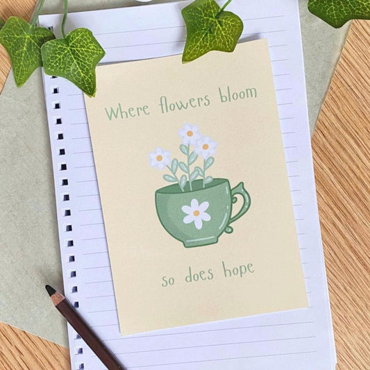 Cup Of Flowers Art Print | Cottagecore Greeting Card | A6 Flower Print | Tea Lover Gifts