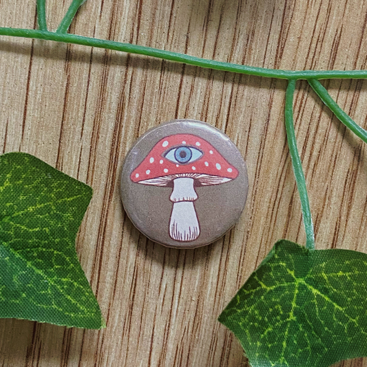Psychedelic Vintage Mushroom Button Pin | 25 mm 1” Pinback Buttons | Fairycore Jewelry