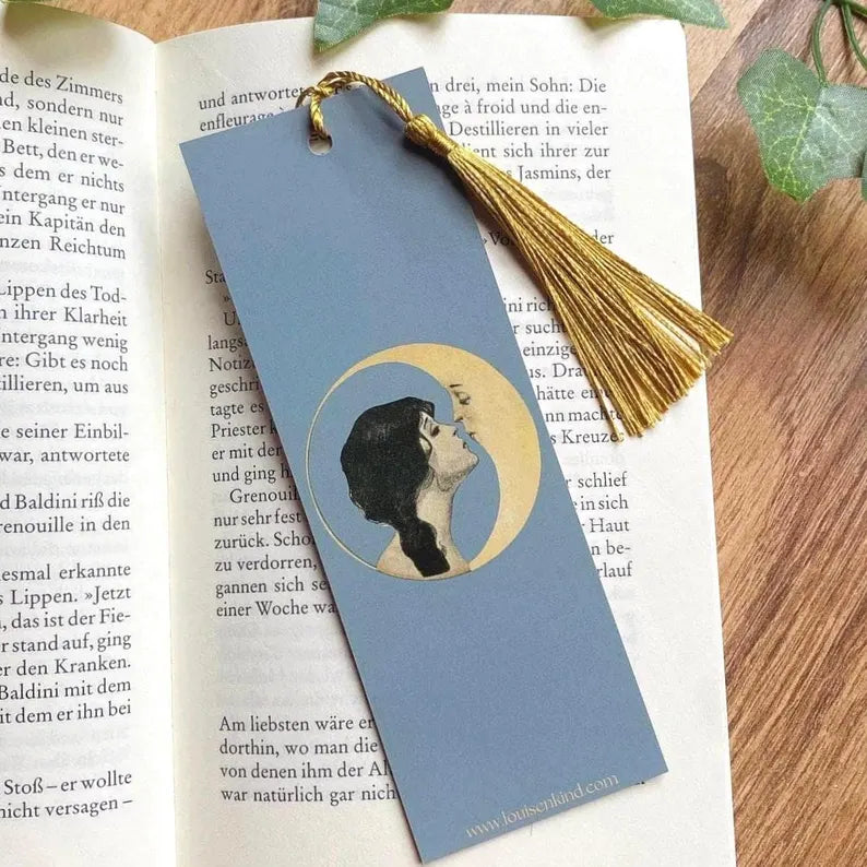 Aesthetic vintage moon bookmark with golden tassel