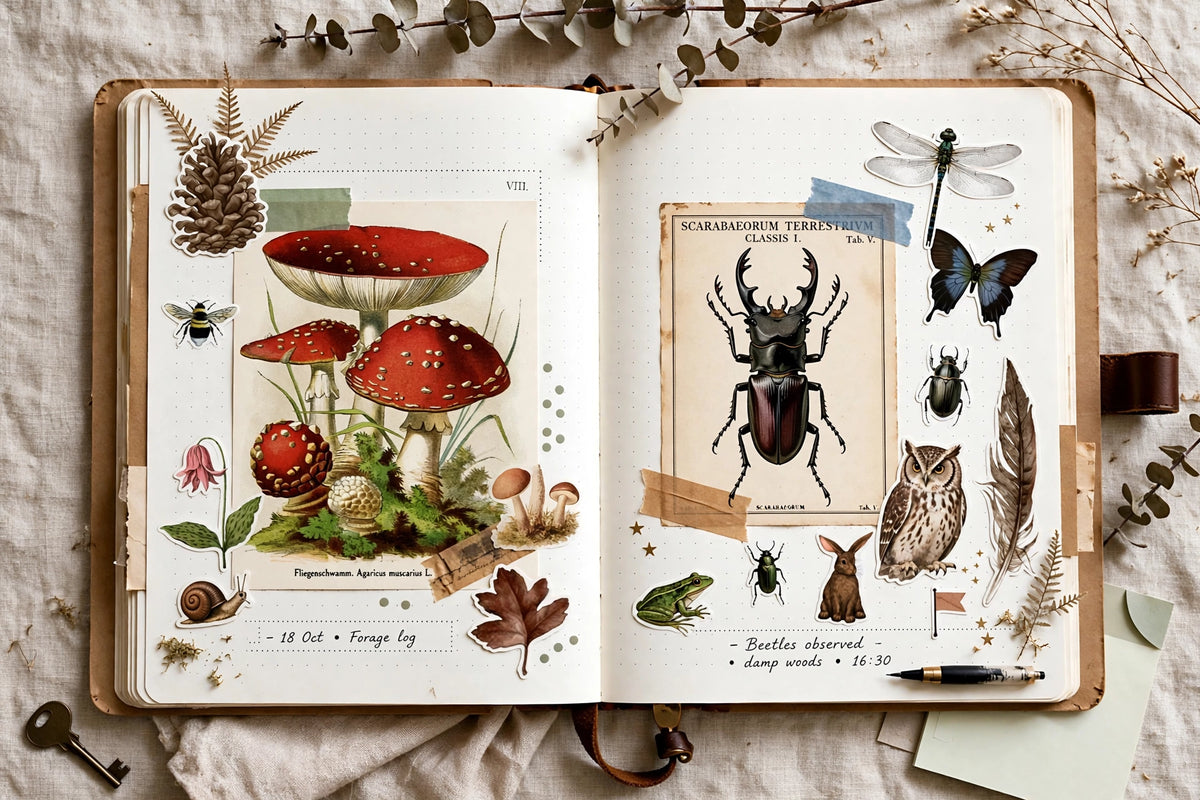 vintage forest life stationery kit with fly agaric art print stag beetle art print washi mushroom sheet ephemera sticker sheet with frog owl rabbit and luna moth and fawn die cut stickers on book