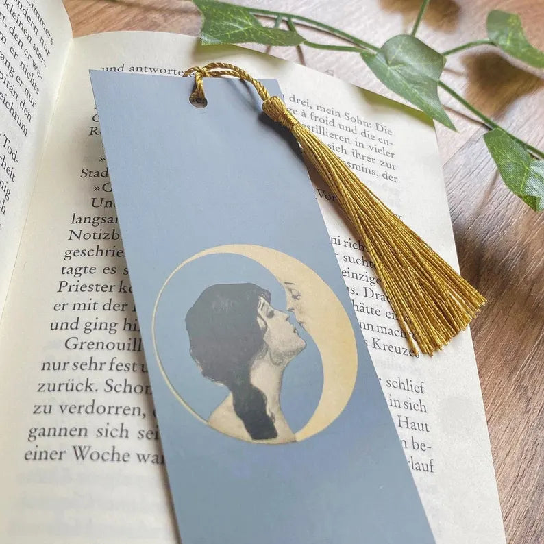 Vintage Moon Bookmark with Tassel, 1920s Illustration, Celestial Aesthetic, Dark Academia Bookmark, Book Lover Gift, Gothic Art Bookmark