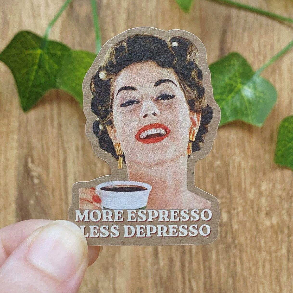 More Espresso Less Depresso Retro Sticker, Funny Coffee Art, Vintage Kraft Paper Decal, Caffeine Lover Gift