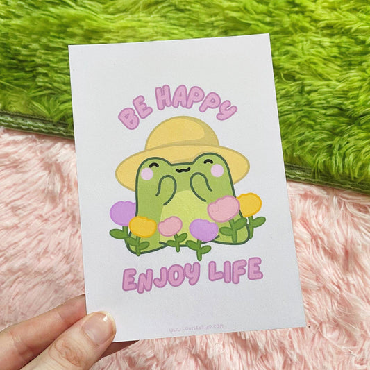 Be Happy Kawaii Frog Art Print | Cute Frog Greeting Card | A6 Art Print | Round & Sharp Corners