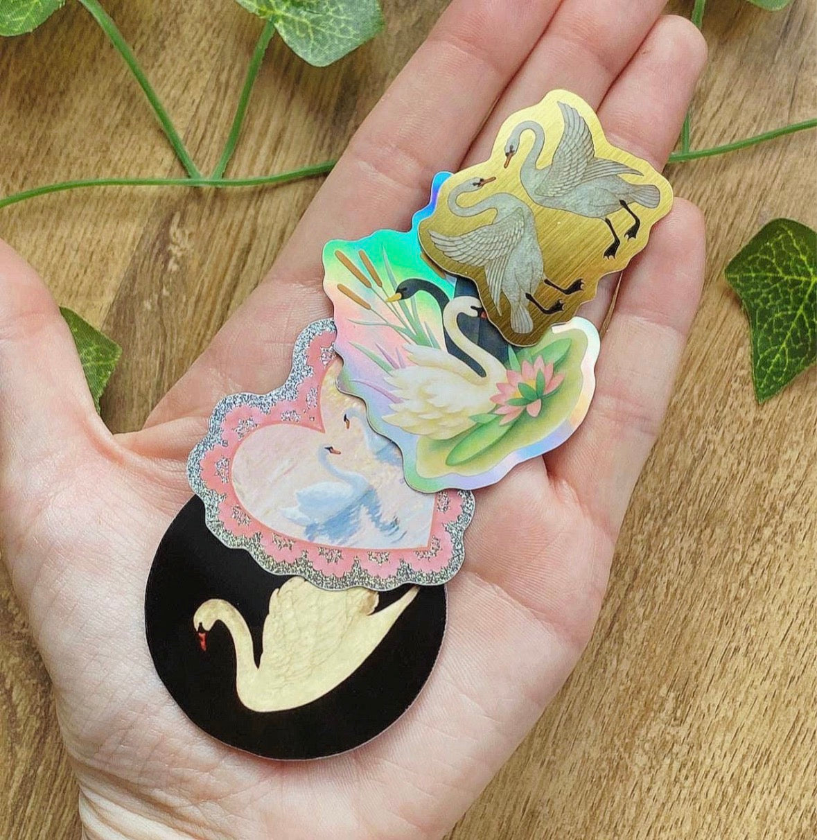 Vintage Swan Sticker Set - 4 Coquette Swan Stickers | Romantic Gold Foil, Glitter Heart & Holographic Swan Decals | Balletcore Vinyl Pack