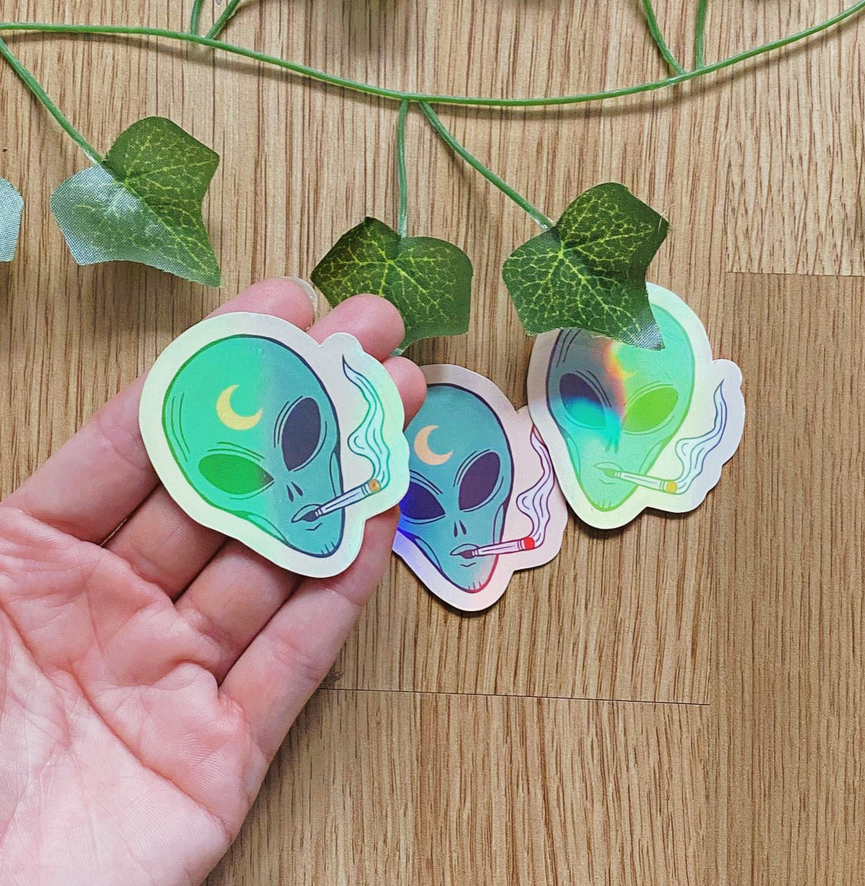 Holographic Smoking Alien Sticker | 420 | Psychedelic | Trippy | Hippie Art | Vintage Inspired Decals