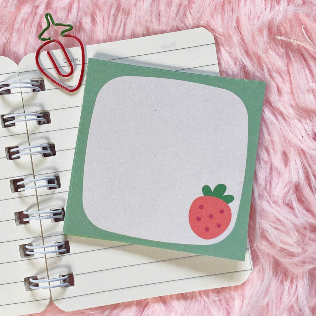 Kawaii Strawberry Sticky Notes | Adhesive Memo Pad | Recycled Paper | Fruit Sticky Notes