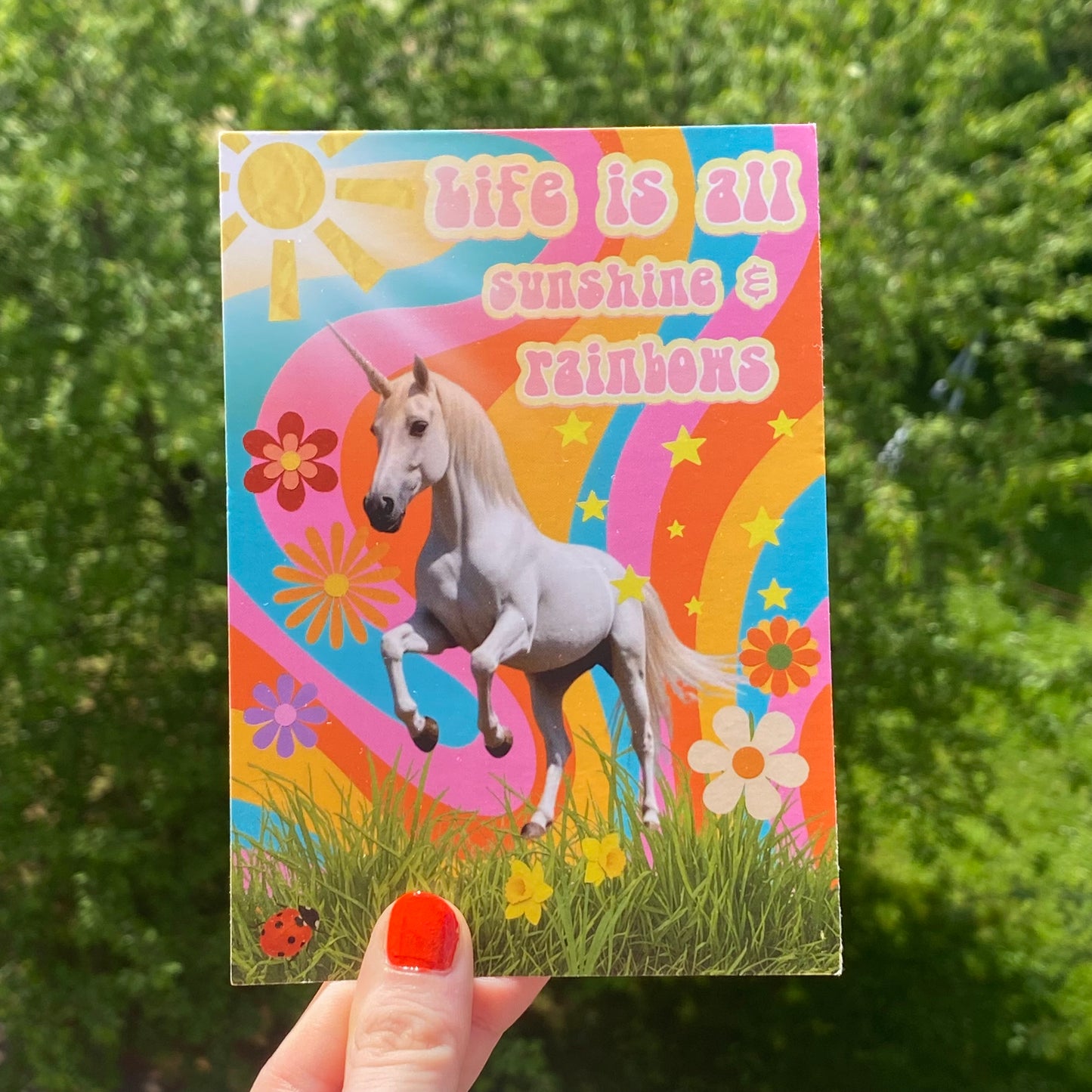 Life Is All Sunshine And Rainbows Postcard, Unicorn Art Print, Flower Power Hippie Collage Greeting Card