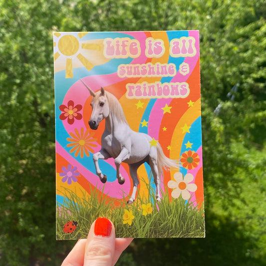 Life Is All Sunshine And Rainbows Postcard, Unicorn Art Print, Flower Power Hippie Collage Greeting Card