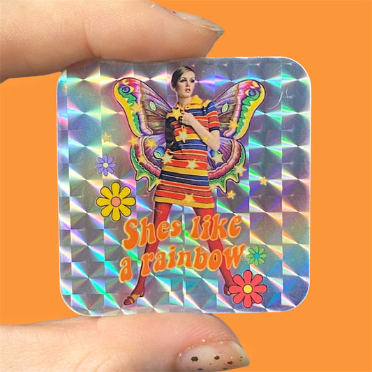 She’s Like A Rainbow Prismatic Sticker, Vintage Ephemera Twiggy, Groovy 1960s Art Decal