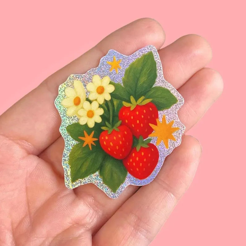 Strawberry Plant Glitter Sticker, Whimsical Pixie Dust Decal, Summer Fruit Art Stickers