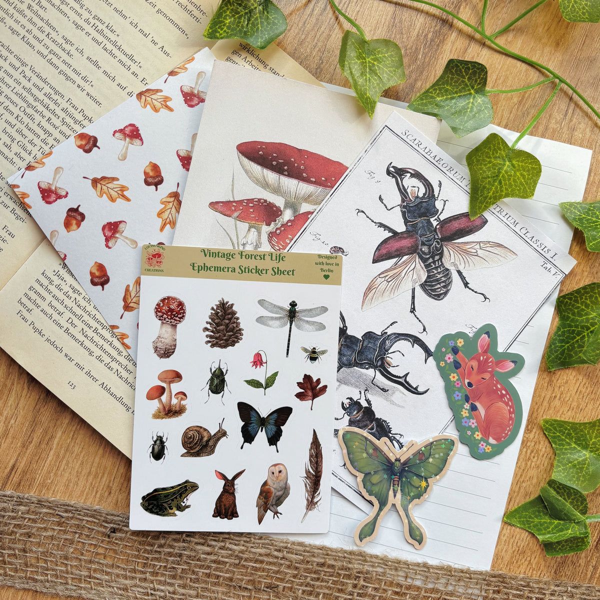 vintage forest life stationery kit with fly agaric art print stag beetle art print washi mushroom sheet ephemera sticker sheet with frog owl rabbit and luna moth and fawn die cut stickers on book