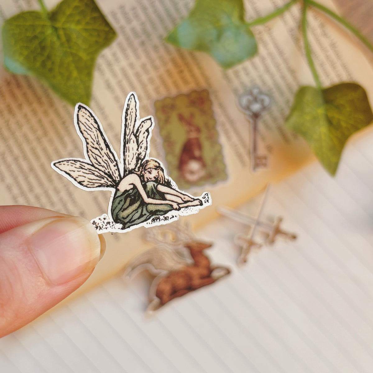 Fairy Themed Sticker Set - 5 Vintage Fantasy Stickers | Fairy, Winged Deer, Bunny Rabbit, Skeleton Key & Crossed Swords | Fairytale Ephemera Pack