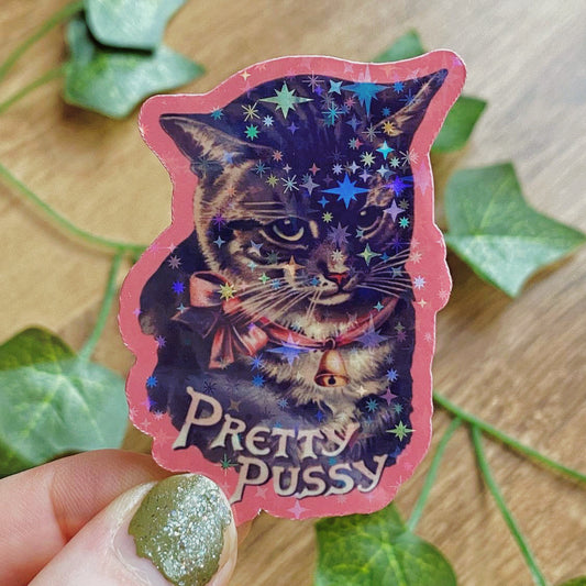 1950s Pretty P*ssy Cat Glitter Sticker, Ephemera Art Decal, Vintage Kitty Sticker, Funny Looking Cat