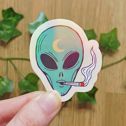 Holographic Smoking Alien Sticker | 420 | Psychedelic | Trippy | Hippie Art | Vintage Inspired Decals