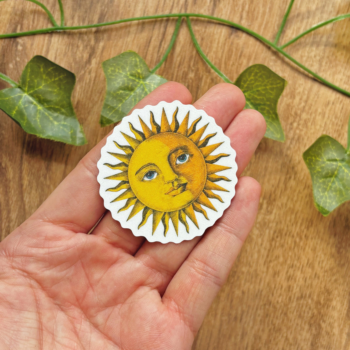 Vintage Smiling Sun Ephemera Sticker, Celestial Whimsigoth Decal, Sand Glitter Frosted Stickers