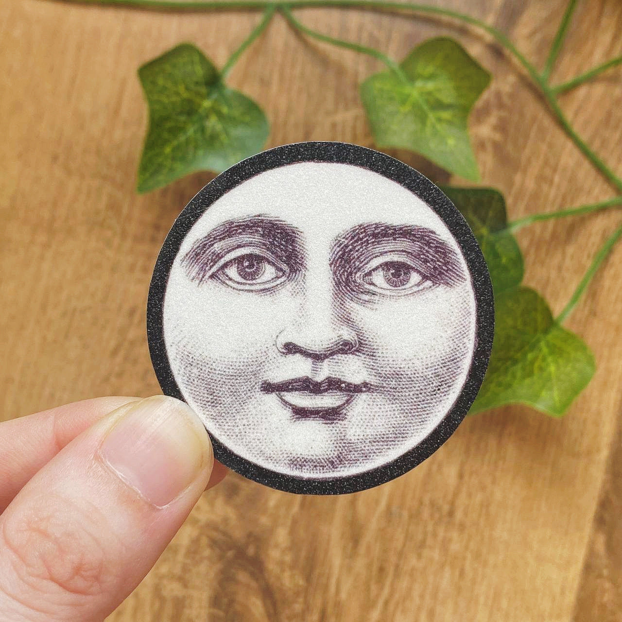 Vintage Smiling Full Moon Ephemera Sticker, Celestial Whimsigoth Decal, Sand Glitter Frosted Stickers