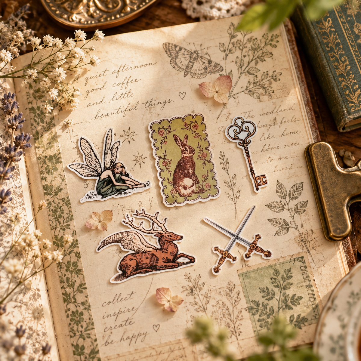 Fairy Themed Sticker Set - 5 Vintage Fantasy Stickers | Fairy, Winged Deer, Bunny Rabbit, Skeleton Key & Crossed Swords | Fairytale Ephemera Pack