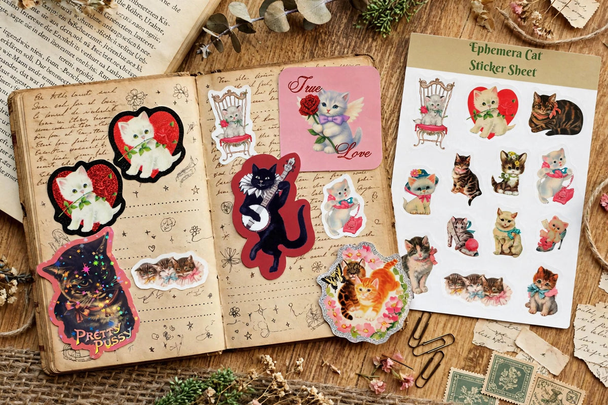Vintage Cat Sticker Sheets | Coquette Kitsch Ephemera & Junk Journal Stickers