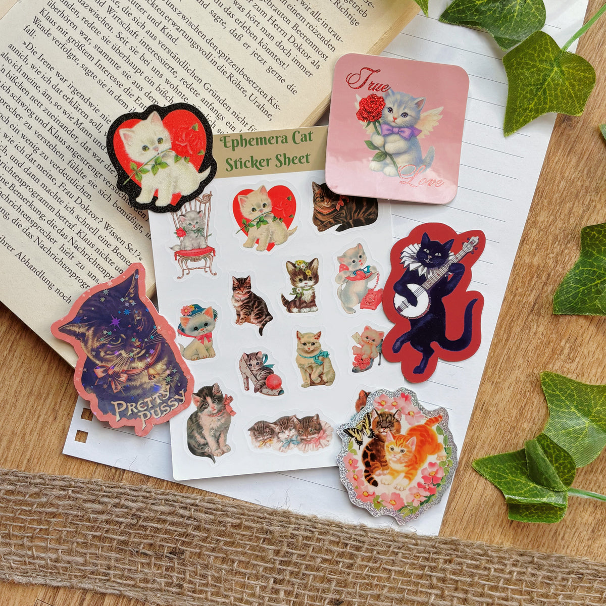 Vintage Cat Sticker Sheets | Coquette Kitsch Ephemera & Junk Journal Stickers