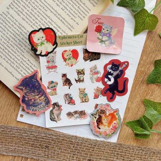 Vintage Cat Sticker Sheets | Coquette Kitsch Ephemera & Junk Journal Stickers