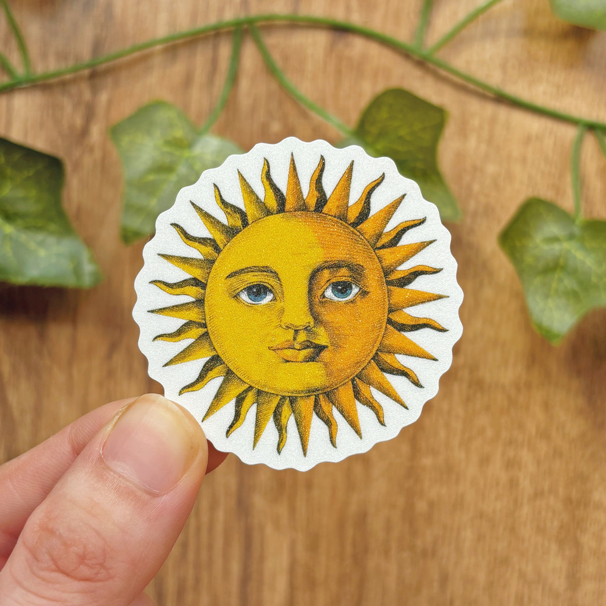 Vintage Smiling Sun Ephemera Sticker, Celestial Whimsigoth Decal, Sand Glitter Frosted Stickers
