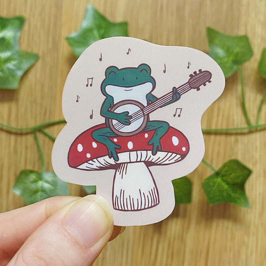 Banjo Playing Froggy Mushroom Sticker | Vintage Inspired Decals | Frog Lover Gifts