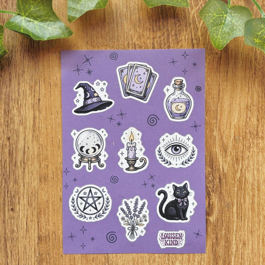 Witchy October Sticker Sheet, Mystical Tarot And Celestial Decals, Crystal Ball, Black Cat, Magic Journal Stickers