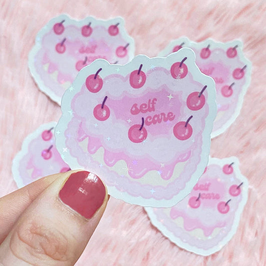 Self Care Heart Cake Glitter Sticker | Cute Kawaii Decals | Self Love Stickers