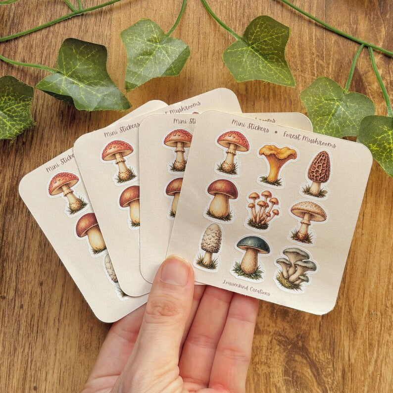Mini Forest Mushroom Stickers - 9 Small Vintage Mushroom Vinyl Stickers | Woodland Mycology Mini Sticker Sheet | Cottagecore Foraging Decals