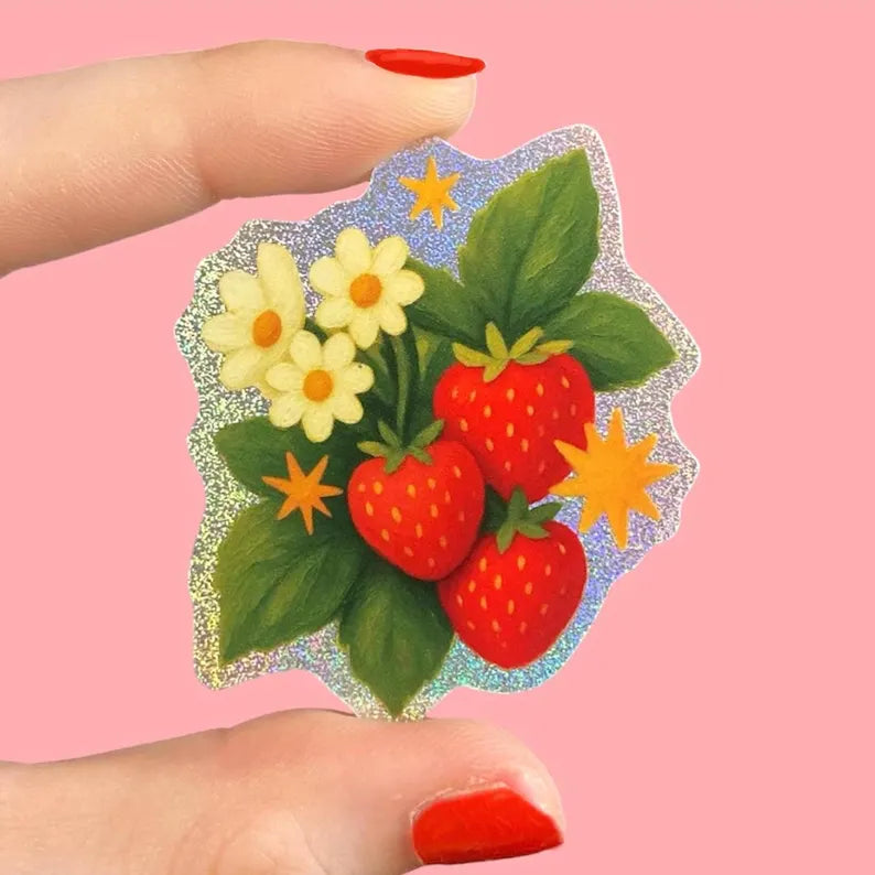 Strawberry Plant Glitter Sticker, Whimsical Pixie Dust Decal, Summer Fruit Art Stickers