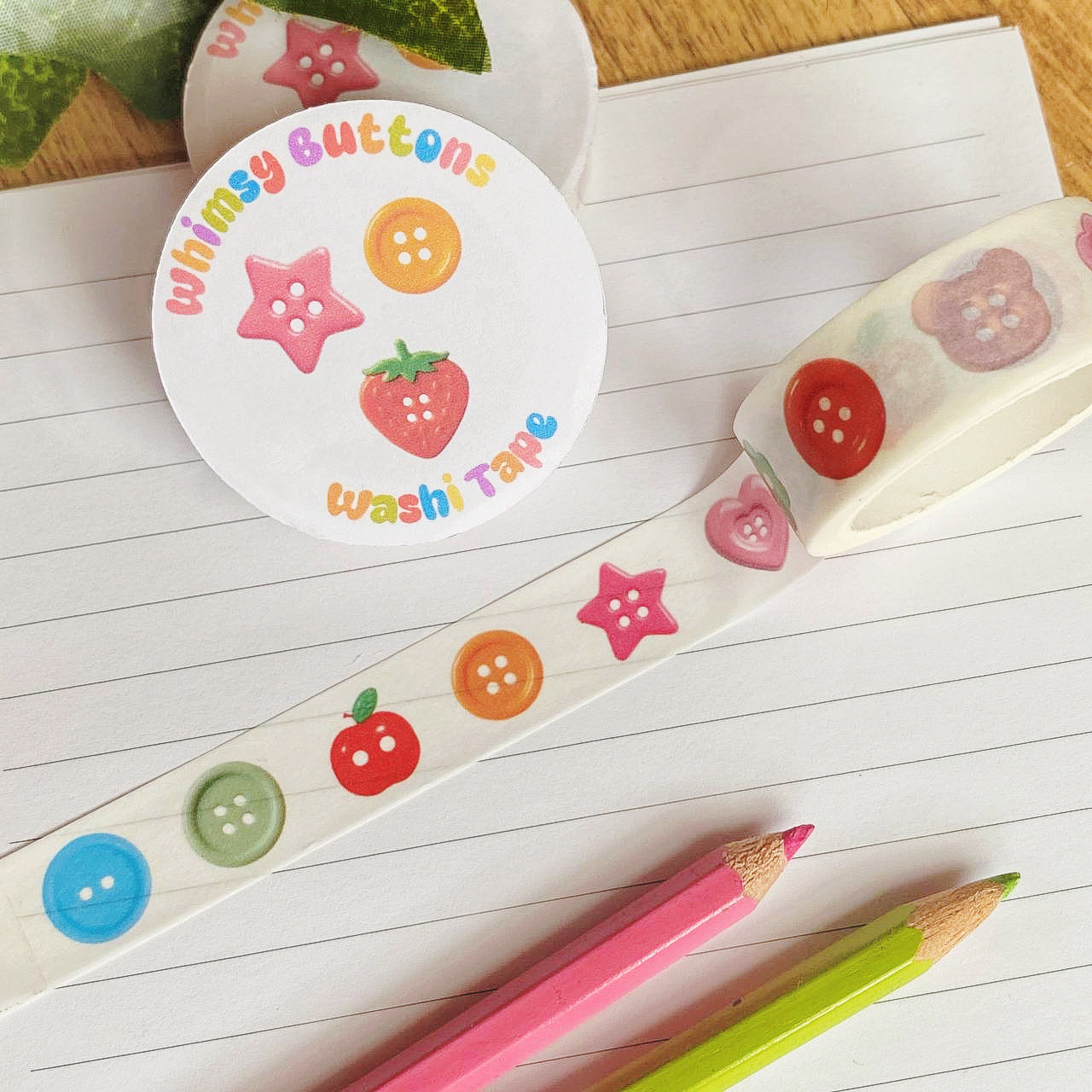 Colorful button-themed washi tape in a whimsical style