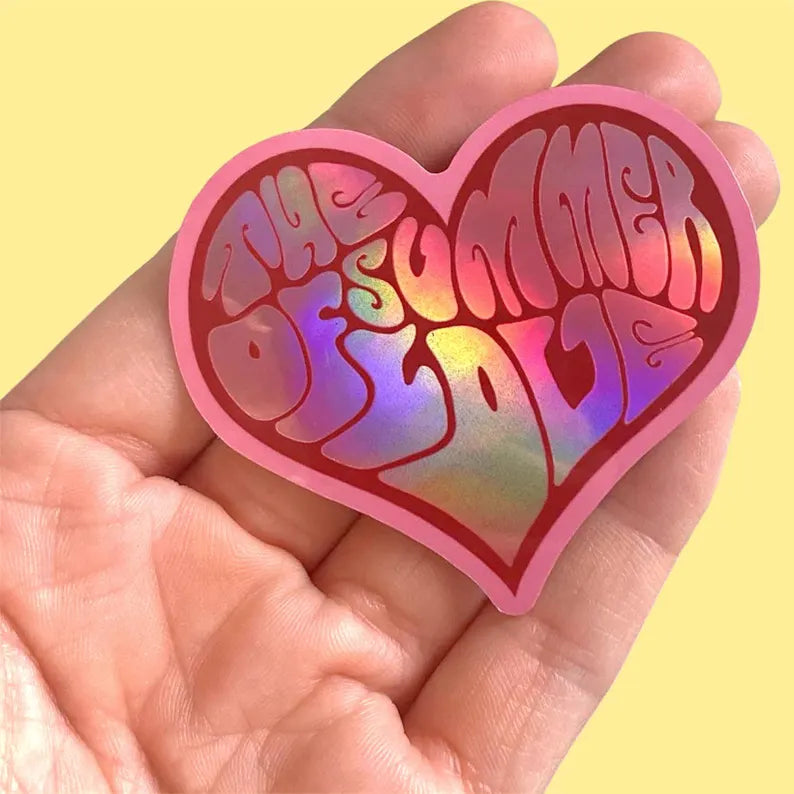 The Summer Of Love Holographic Heart Sticker, Whimsical Retro Decal, Groovy Hippie Car Bumper Sticker